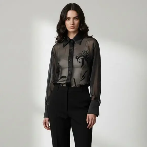 90s vintage black silk minimalist sheer organza emboidered tunic shirt blouse - Picture 8 of 10